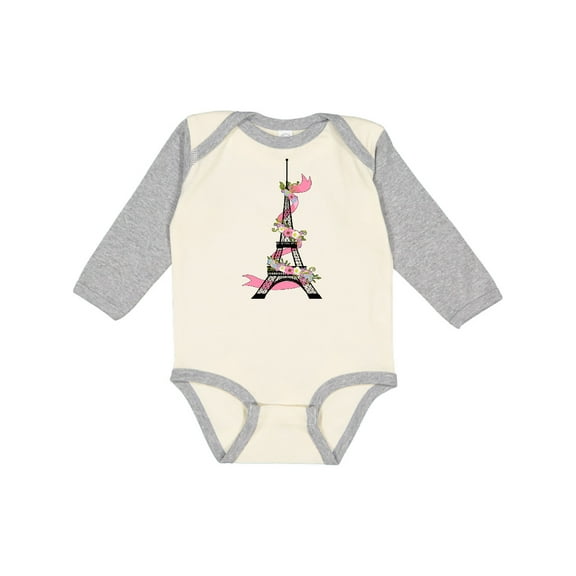 Inktastic Eiffel Tower in Paris with Flowers and Pink Banner Boys or Girls Long Sleeve Baby Bodysuit