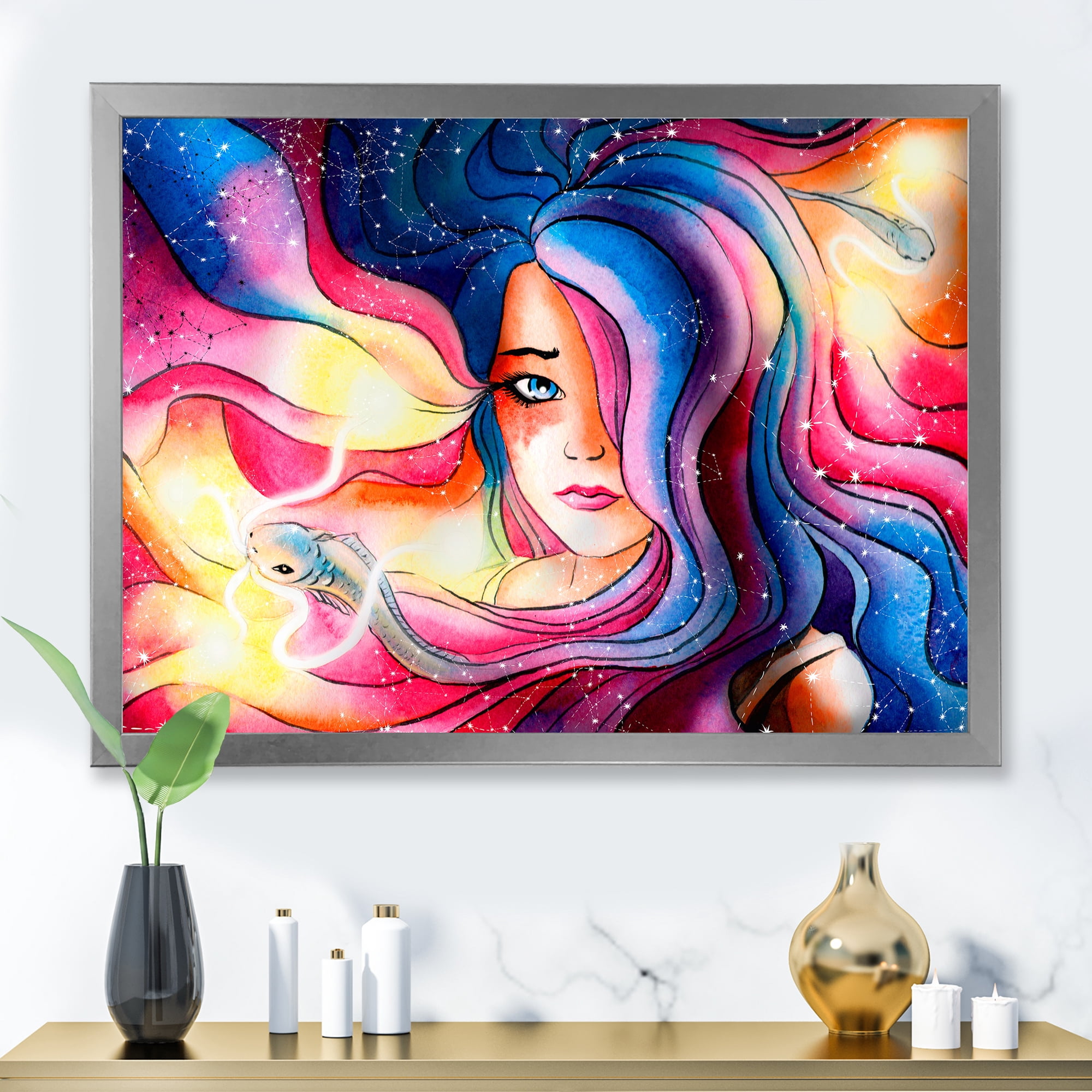 Designart 'The Girl Portrait With The Glowing Hair' Modern Framed Art Print