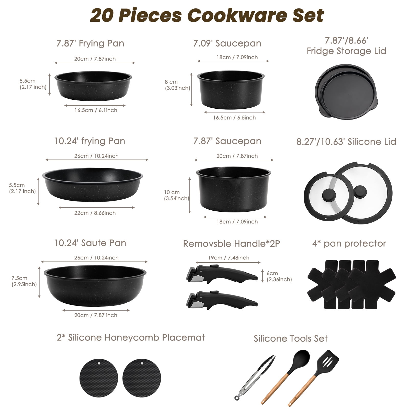 Kikcoin 19-Piece Nonstick Pots and Pans Set, Non-Toxic Coating Cookware Set with Removable Handles, Induction/Oven Safe(Black)