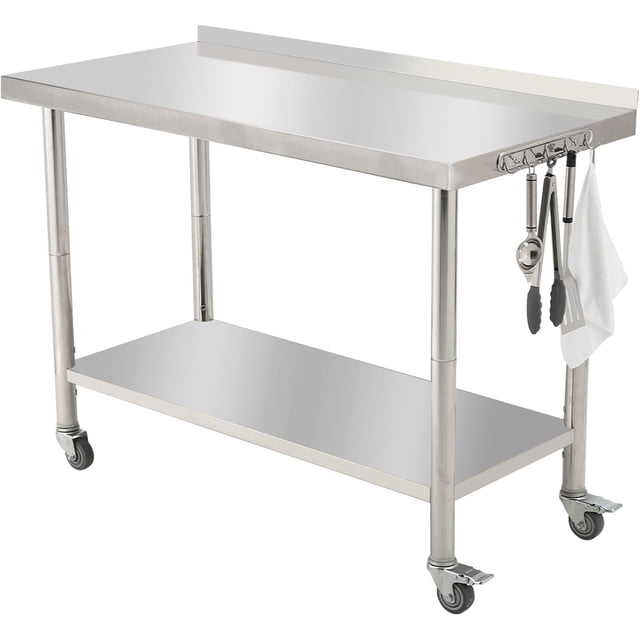 48x24 In Stainless Steel Work Table with Wheels Hooks and Backsplash Adjustable Shelf Heavy Duty Commercial Prep Table for Kitchen Garage Home Use