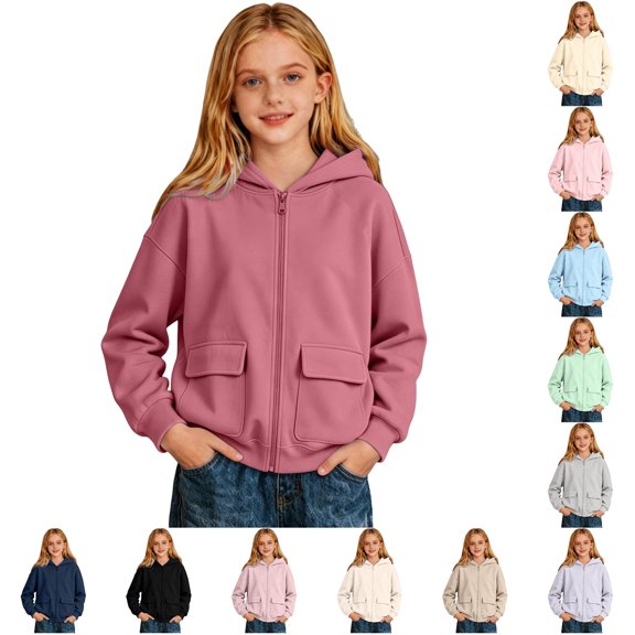 RMGVDSD Girls Zip Up Hoodies Solid Color Hooded Sweatshirt Jackets Pockets Fall Winter Loose Fit Casual Hoodie Coat for Children Versatile Fall Girl Clothes 11-12 Years