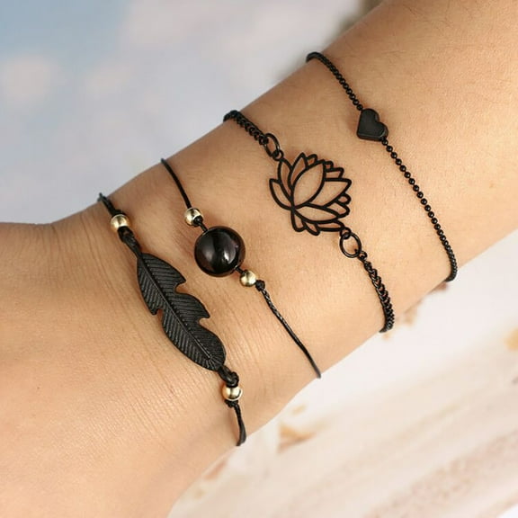 Bracelets Black Love Heart Openwork Lotus Ball Leaves Bracelet Four Sets