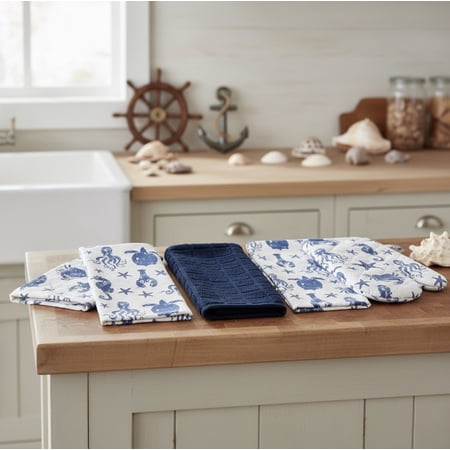 Serafina Home Summer Kitchen Pot Holder Oven Mitt Dish Towel Set: Fun Navy And White Coastal Design 5 pc Set