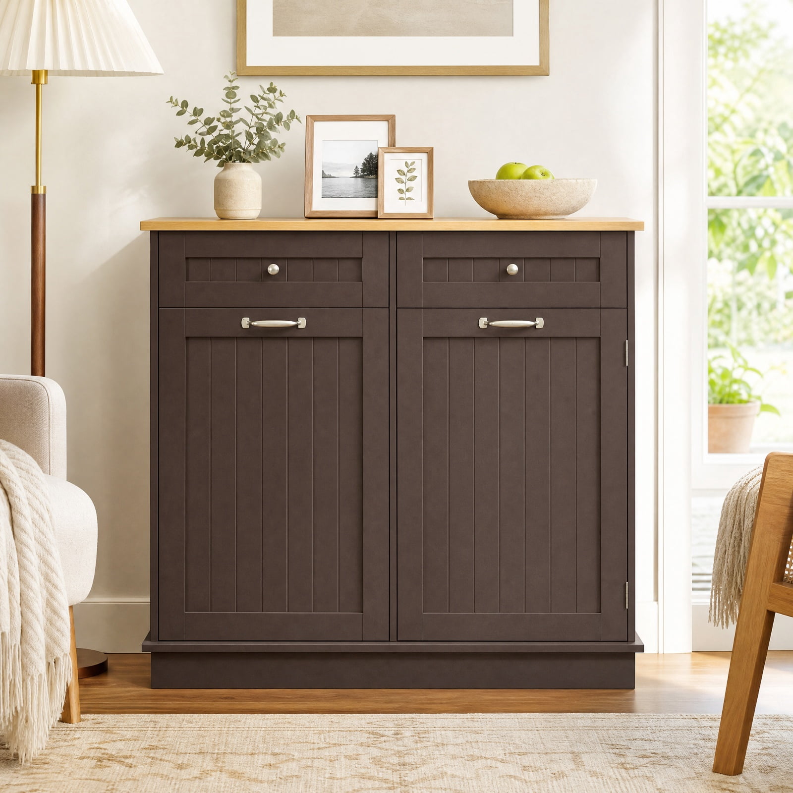 Furnibear Kitchen Tilt Out Trash Cabinet with 2 Drawers Wood Top and Adjustable Shelf Hidden Storage for Kitchen and Dining Room, Rustic Brown