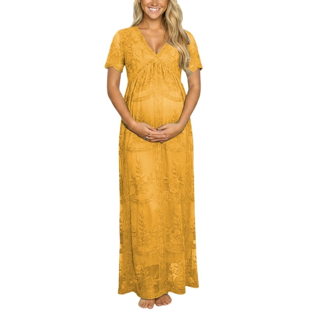 gold maternity bridesmaid dress Conairie for Baby Shower Photoshoot Pregnancy Summer Midi Dress Casual Flutter Short Sleeve Lace V Neck Wedding Dress Yellow S, Infant couture_dress