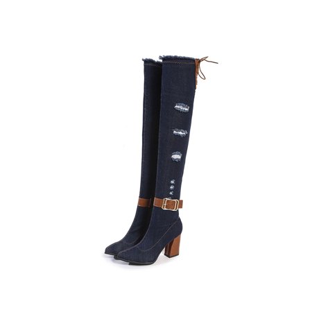 

Ferndule Womens Over The Knee Boots Lace Up Winter Shoes Block Thigh High Boot Non Slip Pointed Toe Party Denim Side Zipper Navy Blue 6.5