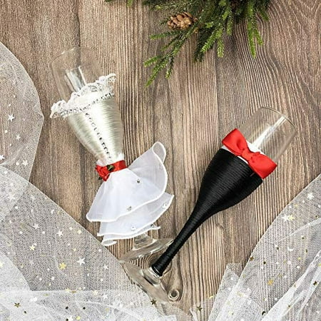 

Abbie Home Bride and Groom Wedding Champagne Flute in Black and White - Party Reception CelebretionLace Champagne Tosting Glasses with Dress Bow Red Rose and Rhinestone (Glass Set)