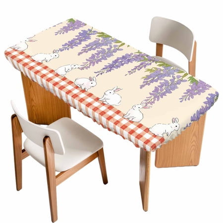 Purple Wisteria Table Cloths for 4 Foot Rectangle Tables Cute Rabbits Pastoral Farmhouse Plaid Patio Waterproof Elastic Fitted Tablecloths Washable Rectangular Table Cover for Camping