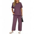 thumbnail image 2 of Women Solid Two Piece Sets, Summer Loungewear Vacation Travel Outfits Short Sleeve V Neck T-Shirt Wide Leg Pants Suits Family Outfits Matching Sets Purple L, 2 of 9