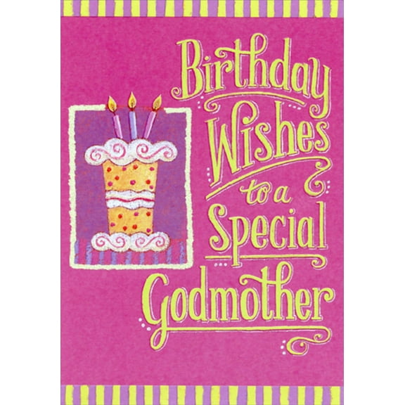 Designer Greetings Sparkling Cake with Swirled Frosting and 3 Candles Birthday Card for Godmother