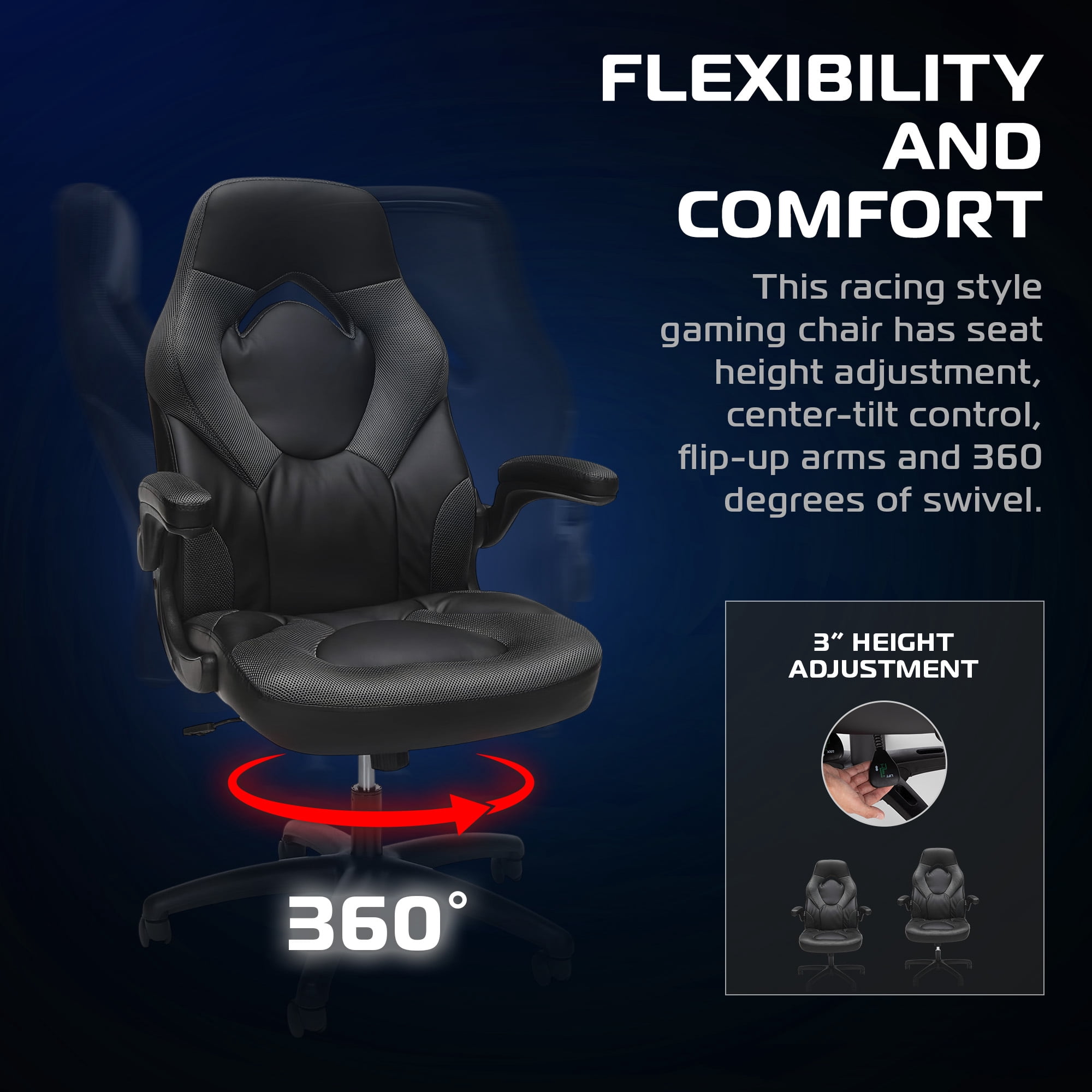 RESPAWN 3085 Ergonomic Gaming Chair for Adults, High Back Office Chair with Headrest and Flip Up Arms, Leather Racing Style Gaming Seat with Lumbar Support, Video Game Computer Desk Seat - Gray