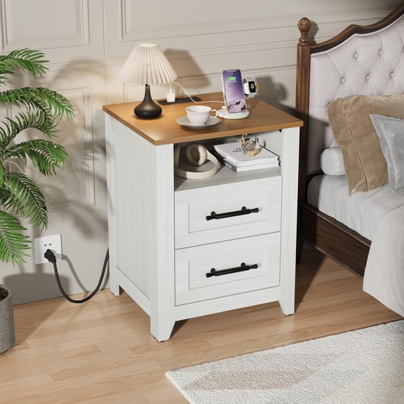 Kicctian 2PCS Nightstand with Charging Station – 2-Drawer End Table with Open Compartment & Storage Shelf for Bedroom, Living Room, Brown