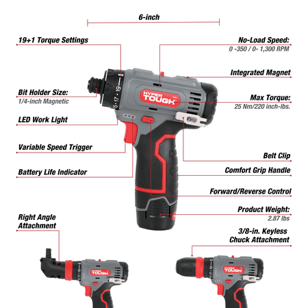 HYPER TOUGH 12V MAX LITHIUM-ION 3-IN-1 MULTI-HEAD POWER DRILL SET WITH 1.5AH BATTERY AND CHARGER