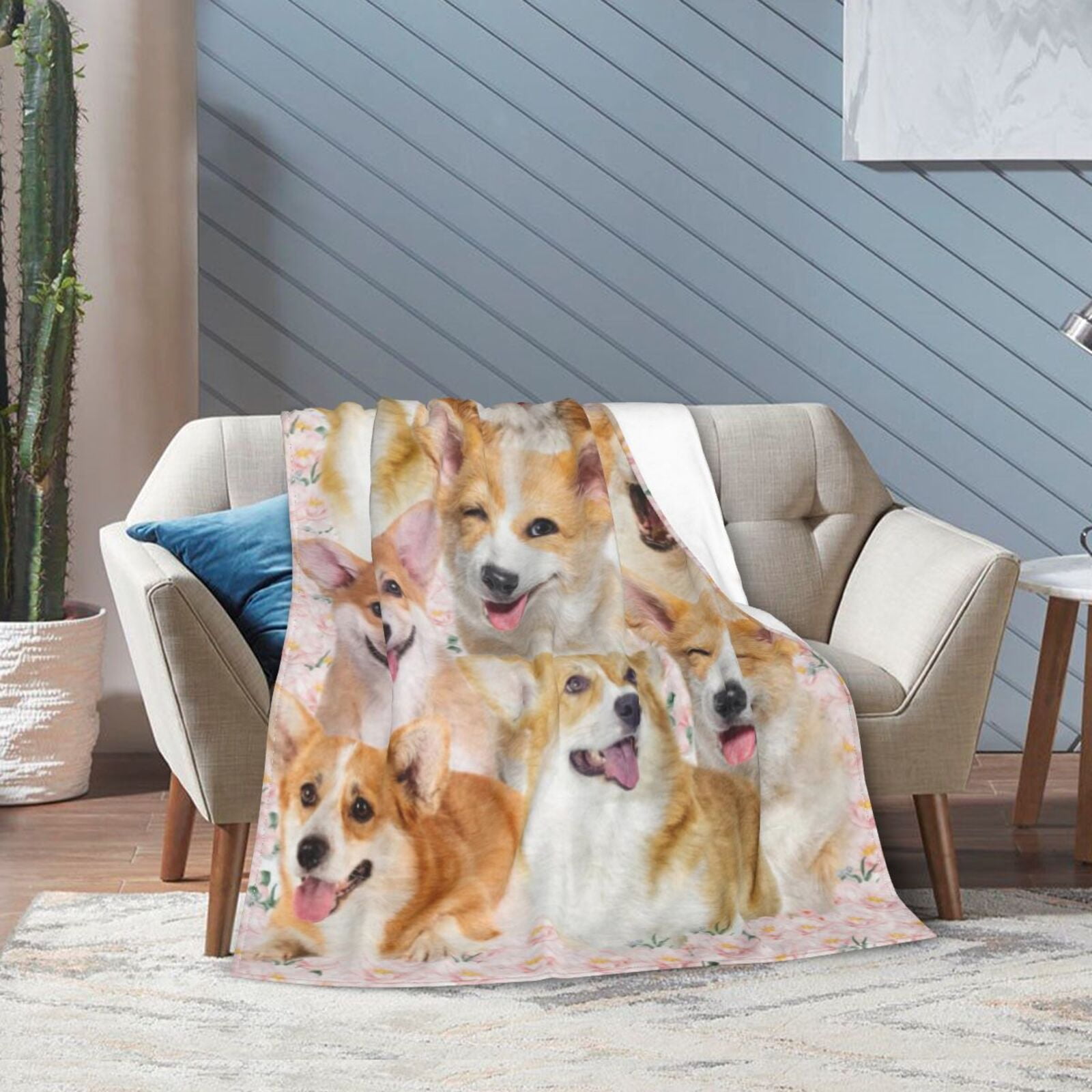 Wijzvio Welsh Corgi Dog Throw Blanket Soft Fuzzy Fleece Blanket For Couch Bed Living Room Decoration 60"X50"