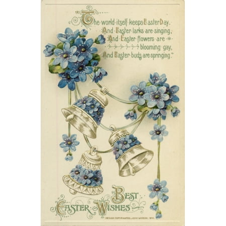 Postcard 1912 Best Easter Wishes with bells & blue flowers Poster Print by