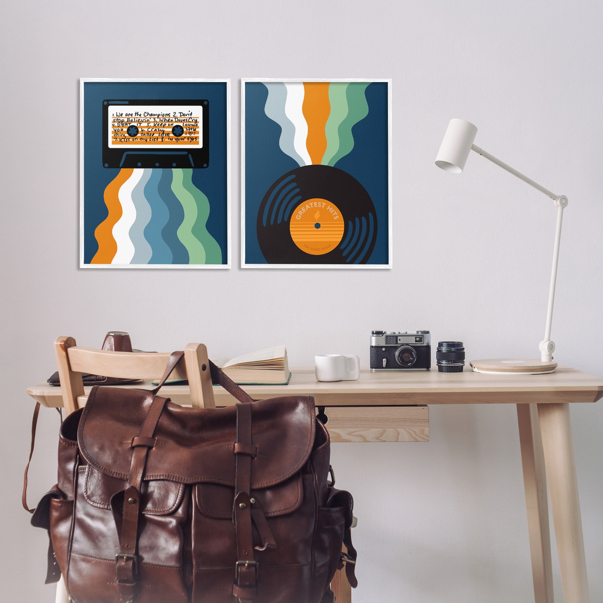 Stupell Industries Retro Music with Stripes Abstract Painting White Framed Art Print Wall Art, 16 x 20, Set of 2