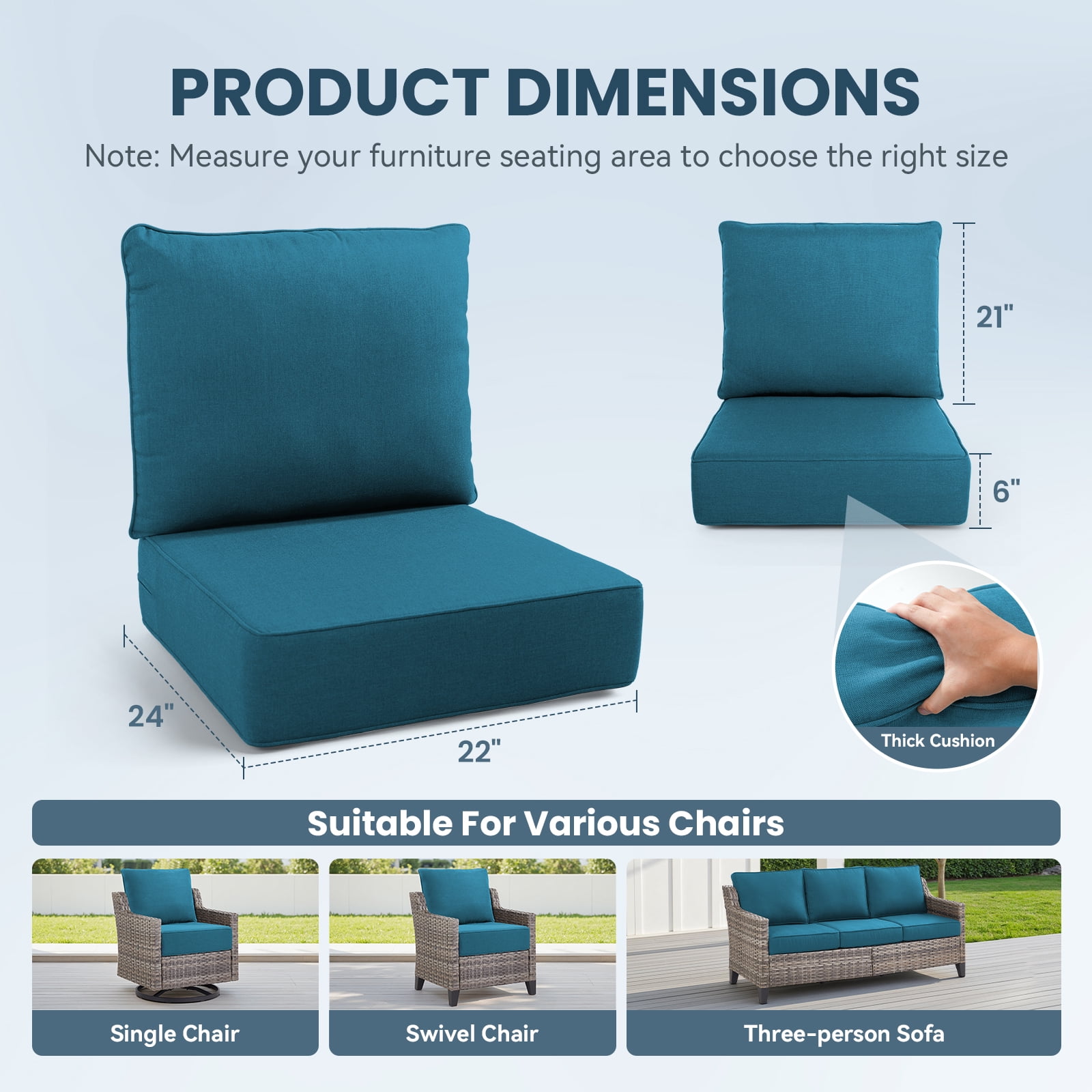Outdoor Wicker Furniture Cushion Set, 24 x 22 x 6 Thicken Deep Seat Patio Chair Cushions, Lake Blue, 6 Sets