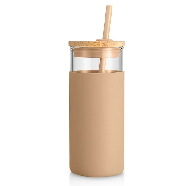 Tronco Vaso de vidrio de 20 oz Botella de agua de vidrio Pajita Funda protectora de silicona Tapa de bambú - Sin BPA - Ámbar
