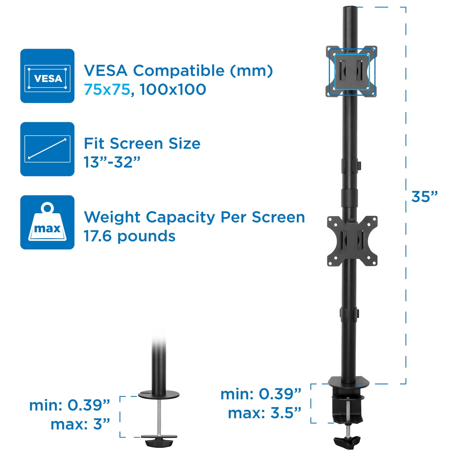 Mount-lt! Verical Dual Monitor Desk Mount | Fits 13"-32" Screens