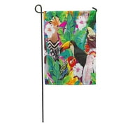 NUDECOR Composition of Tropical Bird Toucan Parrot Hoopoe and Palm Leaves Garden Flag Decorative Flag House Banner 28x40 inch