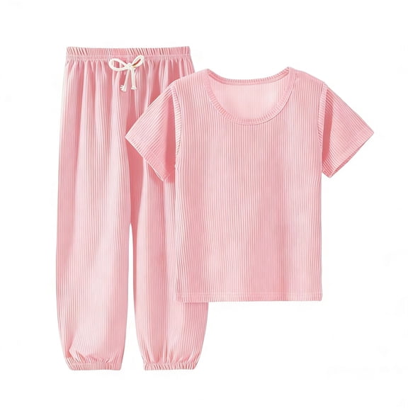 BLVB Toddler Baby Girl Boy Pajamas Set Summer Ribbed Short Sleeve Shirt Top Pants 2PCS Pjs Lounge Sets Sleepwear for Kids(Pink,1-2Years)