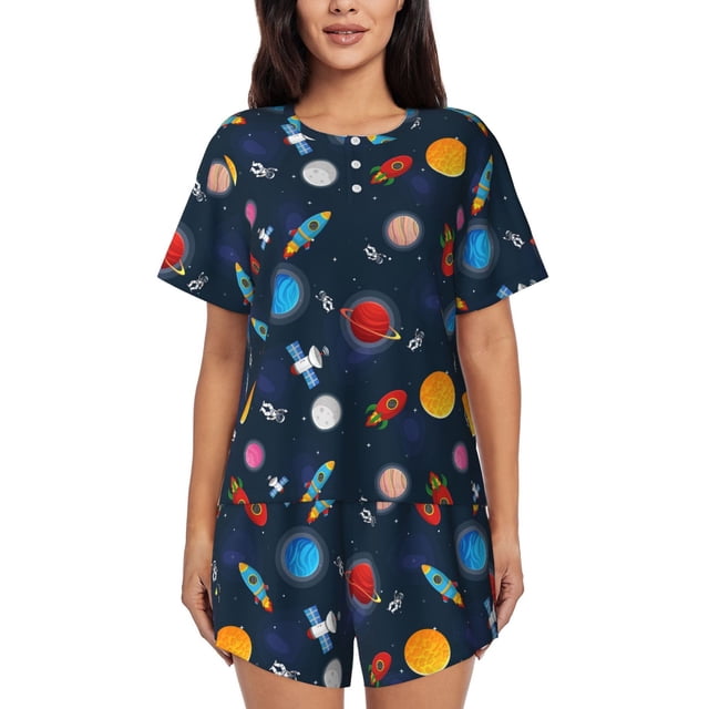 Xecao Space Cartoon Pattern Women's Short Sleeve Pajama Set Soft Sleepwear Lounge Set with Button Front Top and Drawstring Shorts with Pockets-3X-Large