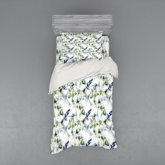 Ambesonne Floral Bedding Set 3 Pcs, Pea Blossom Design, Twin XL, Green White Blue