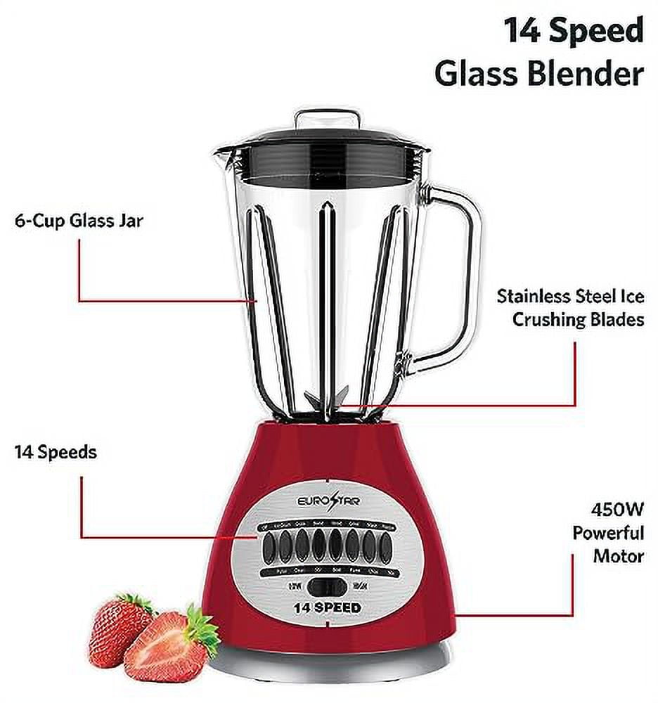 EUROSTAR EBL921GRD 450W 14-Speed Glass Jar Blender, Red
