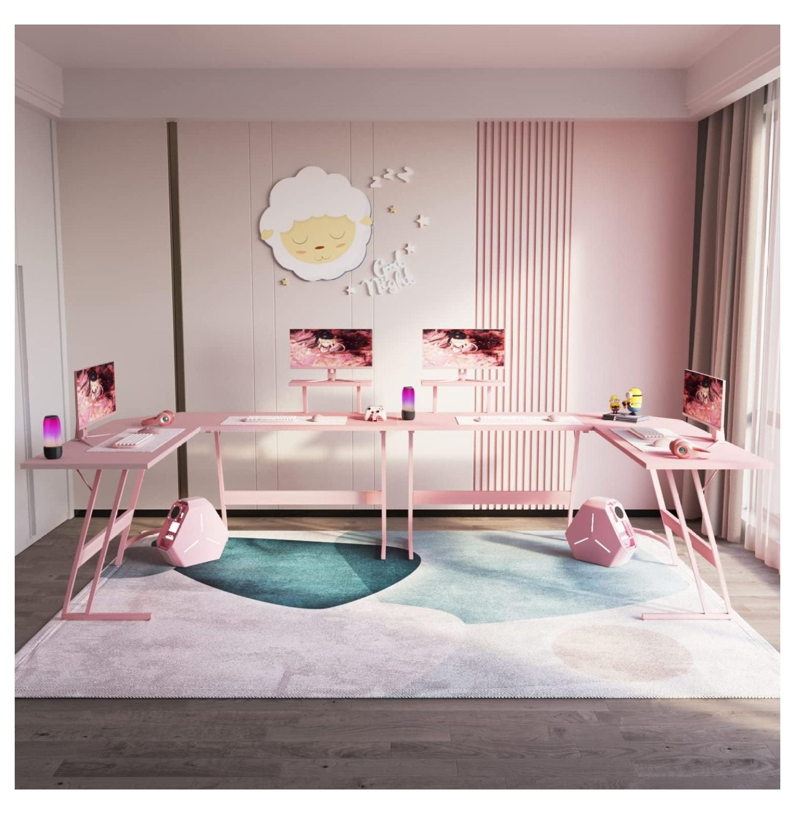 SONGMY Pink L Shaped Gaming Desk Computer Corner PC Desk Table with Large Monitor Stand for Home Office Studying Writing Workstation, Gift for Girls and Women (Pink, 57 Inch)