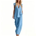 thumbnail image 2 of Womens Cotton Linen 2 Piece Outfits Summer Casual V Neck Sleeveless Tops Wide Leg Long Pants Casual Set with Pockets, 2 of 7