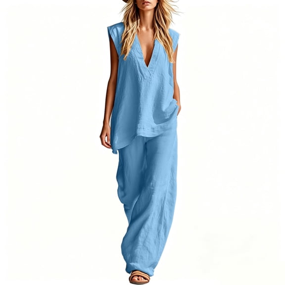 QIYAGBSA 2 Piece Sets for Women V Neck Sleeveless Tank Top and Wide Leg Pants with Pockets Relaxed Fit Summer Vacation Resort Outfit (Light Blue XL)