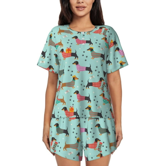 Logiee Christmas Dachshund Print Womens Pajamas Set,Short-Sleeve Pajama 2 Piece Sleepwear with Pockets-Small