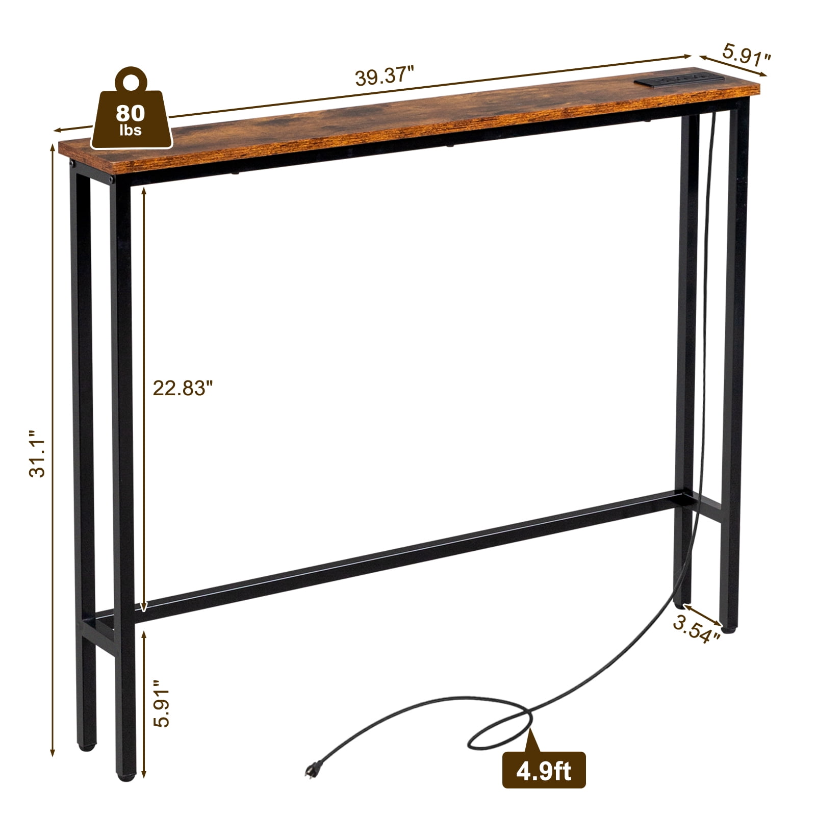39.4" Narrow Console Sofa Table with Power Outlets and USB Ports, Skinny Couch Table with Metal Frame and Charge Station with 4.9ft Extension Cord, Rustic Brown