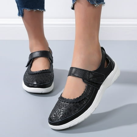 

YOUSNH Women Sandals Comfortable Casual Cow Leather Hollowed Out Mother Shoes Hole Type Sandals Carved Flat Women Shoes Shoes Woman 2024 Trend Black 8