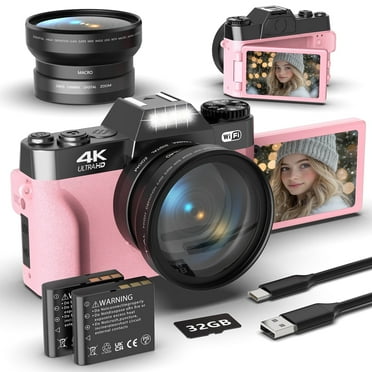 Saneen Digital Camera 4K 56MP Wifi Vlogging Cameras for YouTube 3''180° Flip Screen 16X Zoom 32GB SD Card 52mm Lens Pink