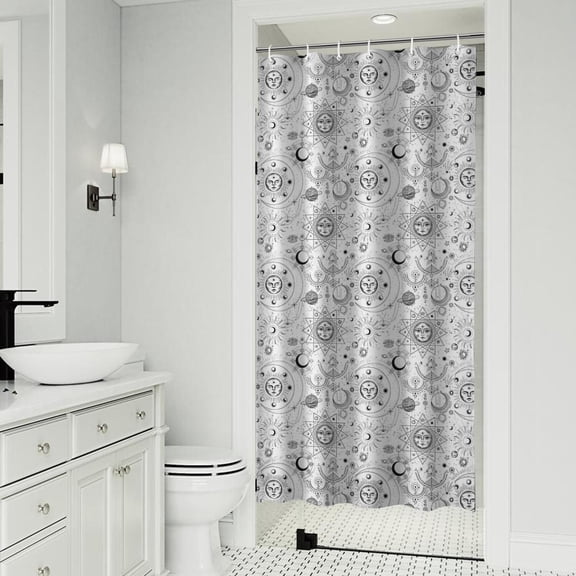 White Sun Moon Star Pattern Shower Curtain 36"x72" ,Bathroom Decorative Shower Curtains Set with 12 Hooks,Modern Waterproof Washable Shower Curtain
