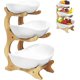 thumbnail image 1 of Frutero de cerámica de 3 niveles con soporte de madera de bambú, cesta de frutas grande para cocina, juego de bandejas de cerámica para sushi, postre, fruta, pastel, dulces, 1 of 5