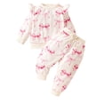 thumbnail image 1 of 2025 Baby Girls Clothes Flutter Long Sleeve Round Neck Bow Printed Top Closed Bottom Casual Pants Two-Piece Set White, 1 of 8