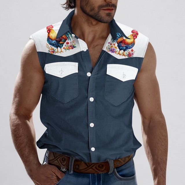 Camiseta sin mangas con cuello vuelto para hombre, estilo informal, a la moda, con estampado, cuello vuelto, sin mangas, bolsillos, deportiva, de poliéster