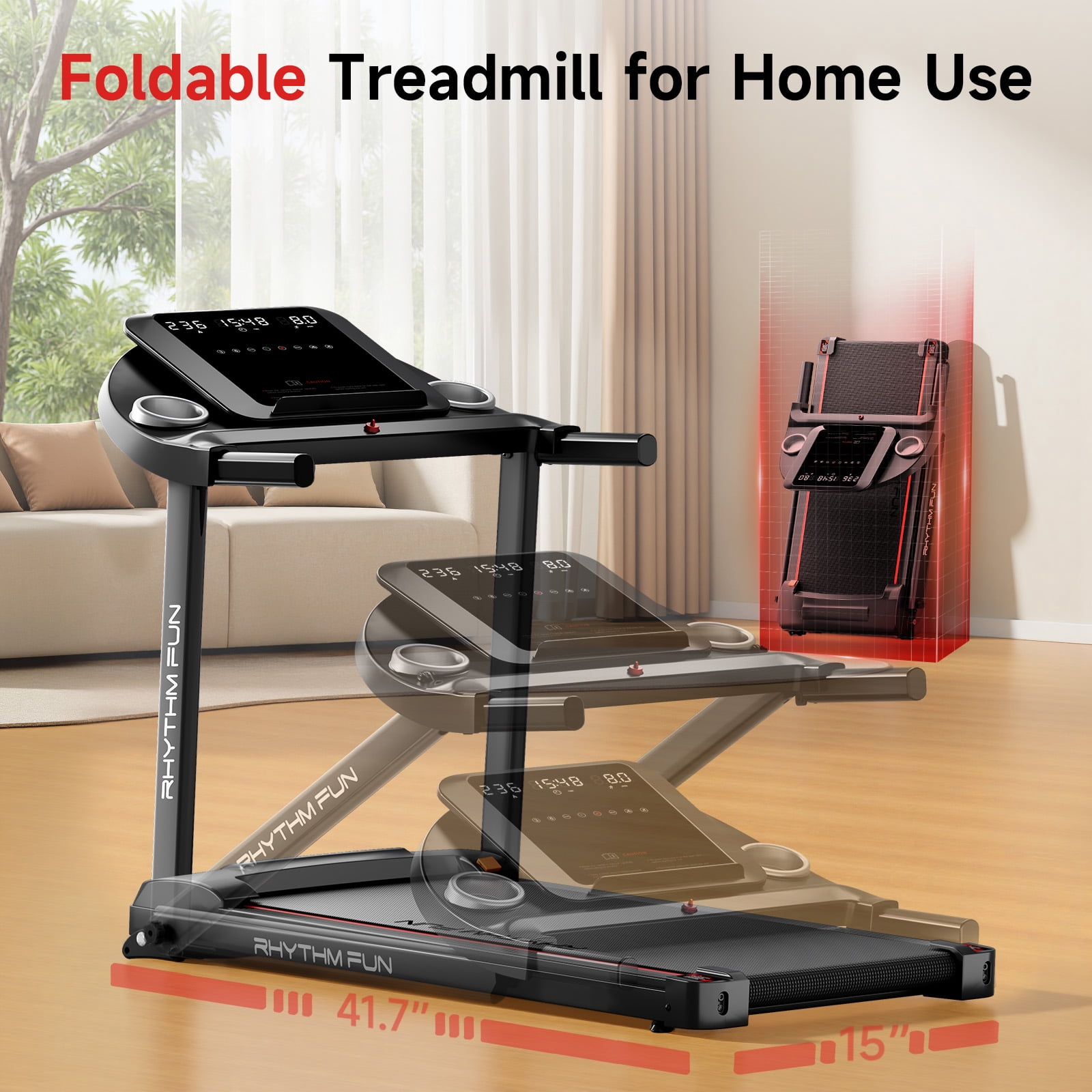 RHYTHM FUN Treadmill, Foldable Incline Walking Pad with Bluetooth