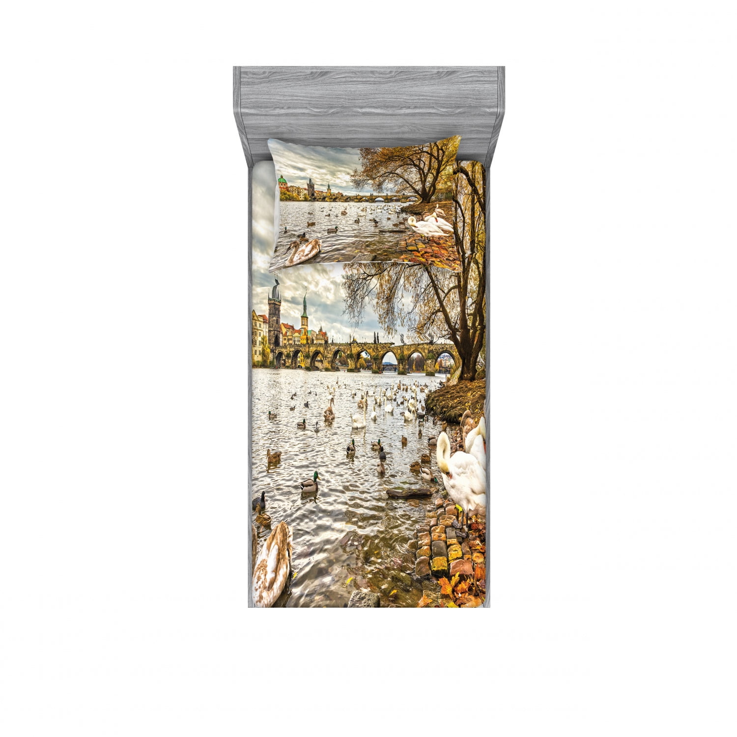 Landscape Bedding Set with Sheet & Covers, Prague Charles Bridge Old