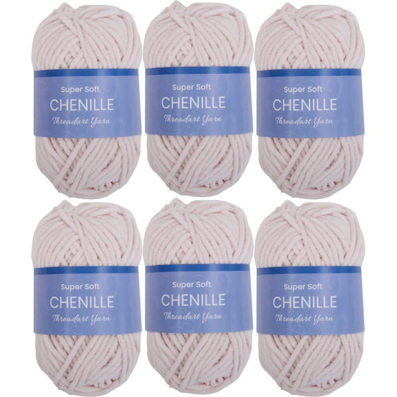 6 Pack ThreadArt Chenille Yarn for Crocheting, Knitting, Amigurumi, Super Soft Plush Velvet Yarn - 50 Gram 60 yds #5 Fluffy Yarn Skeins - Blush Pink