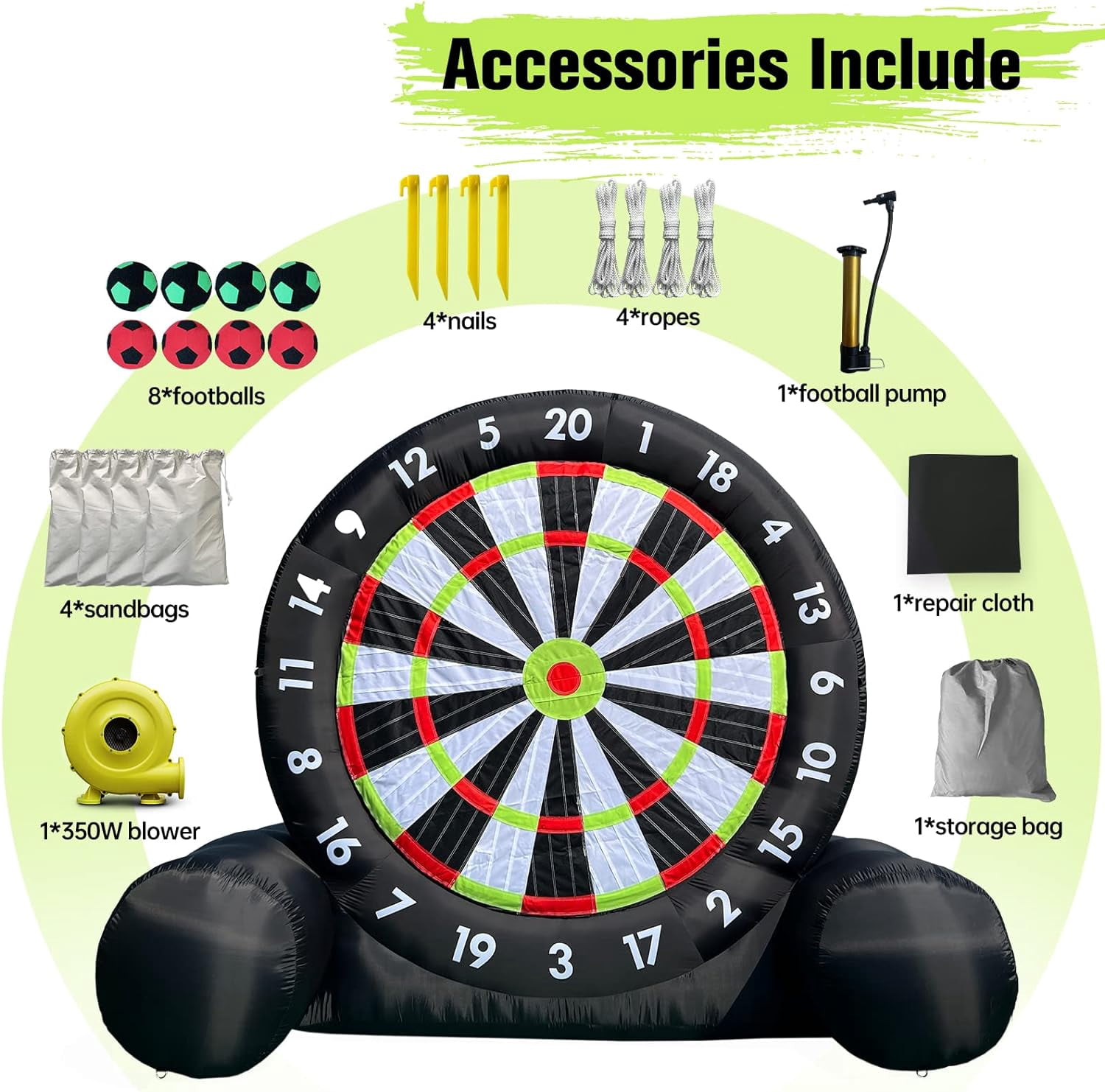 OZIS 10Ft Tall Giant Inflatable Soccer Ball Darts Board with 8pcs Soccer Ball & 350W Blower