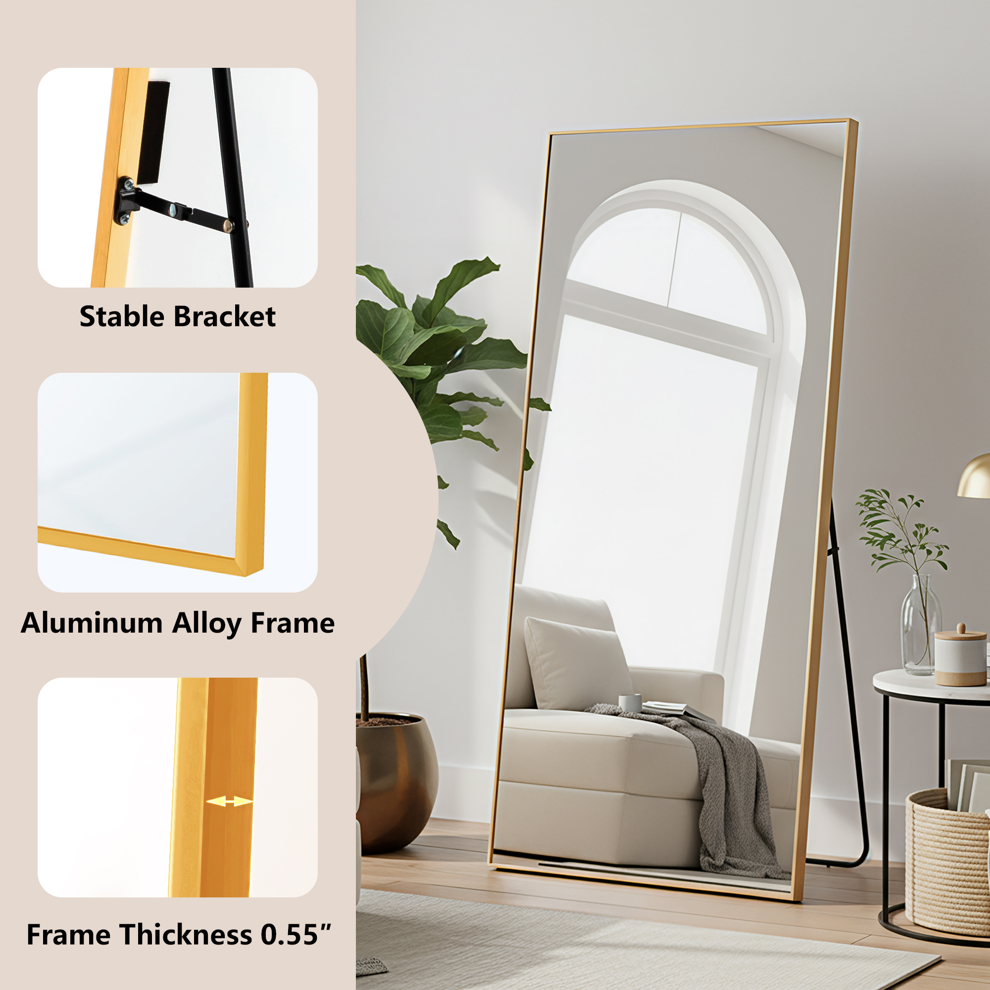 MAYEERTY Gold Right Angle Full Length Mirror, Wall Mount or Freestanding for Bedroom/Living Room, 71" × 32"