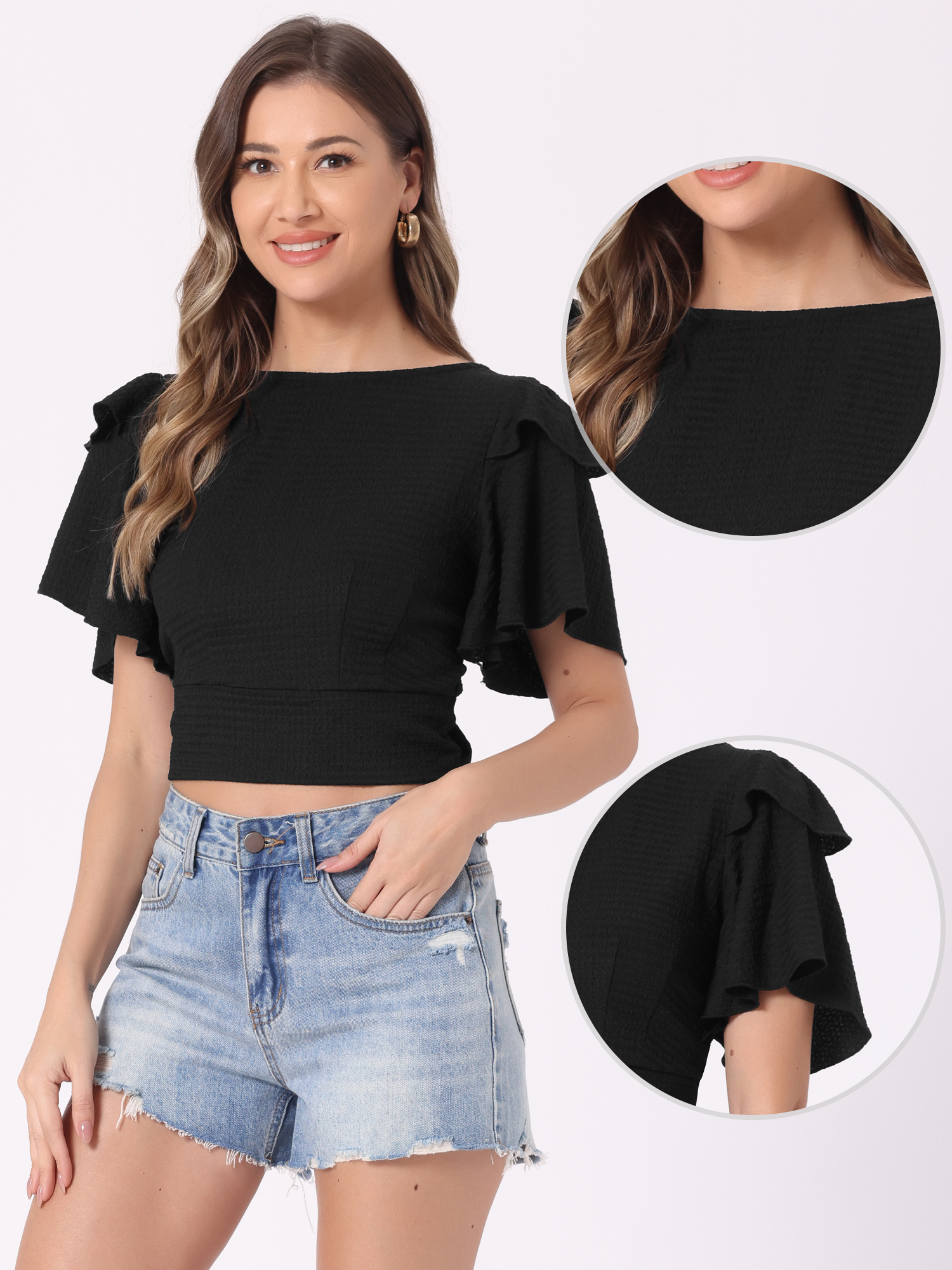 DARING DIVA Changeable Neckline Flutter Sleeve Crop Top L Black