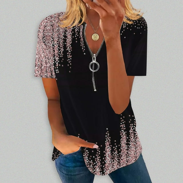 Hauts d'Été Grande Taille à Manches Courtes pour Femmes Mode Décontractée Confortable Col en V Zip Imprimé Blouse à Manches Courtes Col en V T-Shirt Femmes en Solde