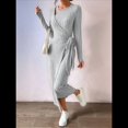 thumbnail image 4 of Vestido de Suéter de Larga para Mujer, Cuello Redondo, Corte Entallado, Abertura, Lazo, Punto Acanalado, Vestido Midi Ajustado, Atuendos de Otoño. Gris M, 4 of 10