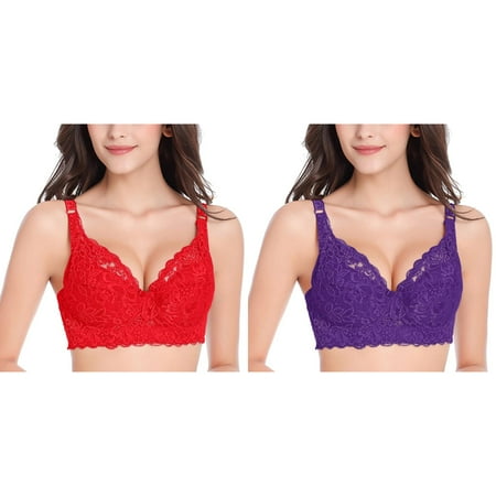 Lojoutye 2 Pack( 1PCS & Red 1PCS) Multipack Brazier for Women Womens Lace Gathered Bra for Women Pack Straps Cup Underwear Seamless Bra (No Underwire)