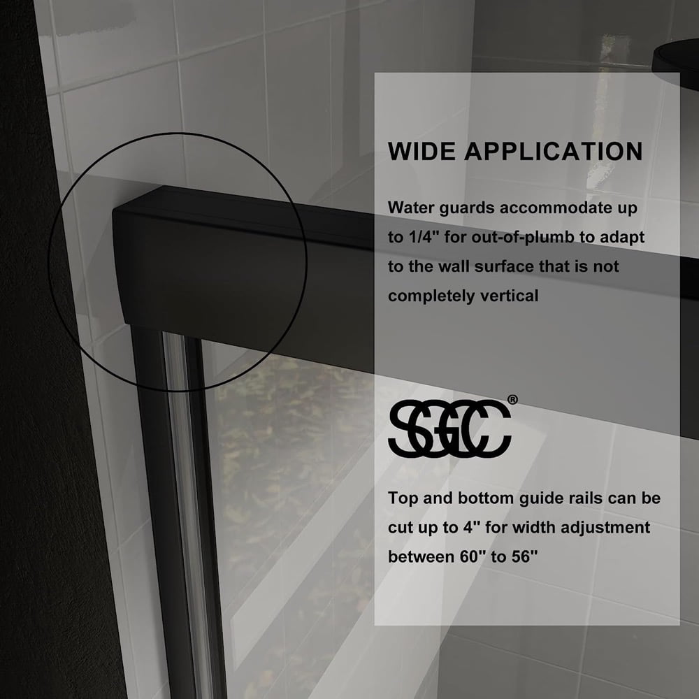56-60" W x 70" H Semi-Frameless Sliding Shower Door, Glass Shower Door with 1/4'' (6mm) Clear Tempered Glass, Shower Doors can be Installed Left and Right