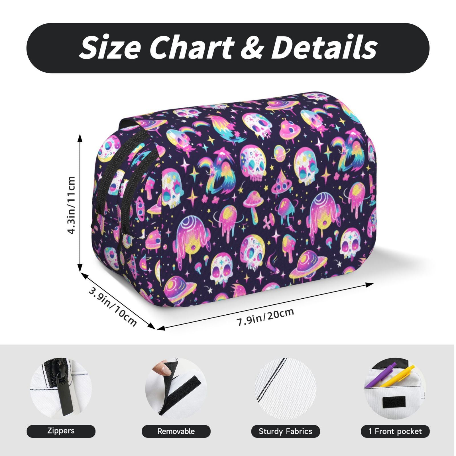 Rateoe Skull mushroom space Pattern Double Clamshell Pen Case, Storage Organizer with Two Zipper Compartments– Holds Up to 50 Pencils & Pens